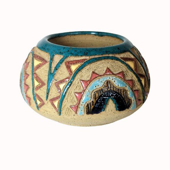 Vintage Studio Art Etched Pottery Short Vase Bojo Rainbows SIgned BW - Picture 3 of 6